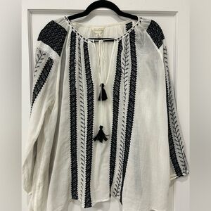 Nili Lotan white and black peasant blouse, with detail stitching - size XS